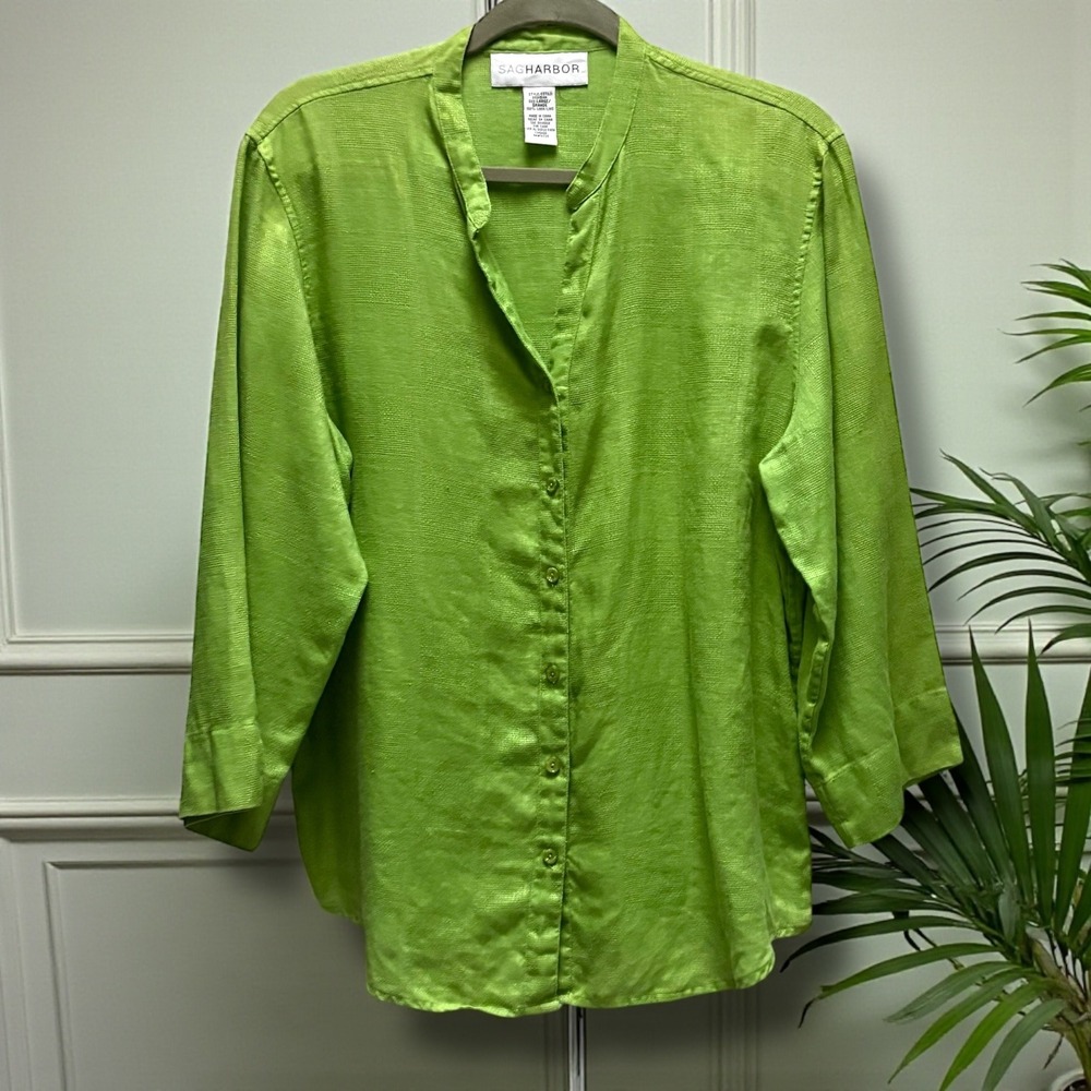 Sag Harbor Lime Green Linen Blend Mandarin‎ Collar Button Front  Top Sz Large